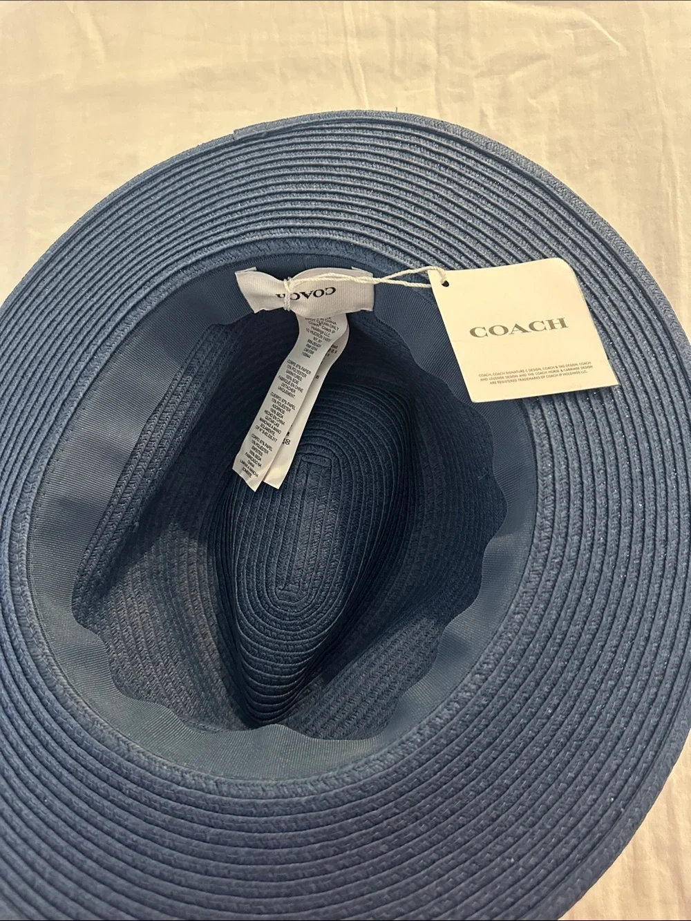 Coach Blue Straw Wide-Brim Hat with Cherry Band